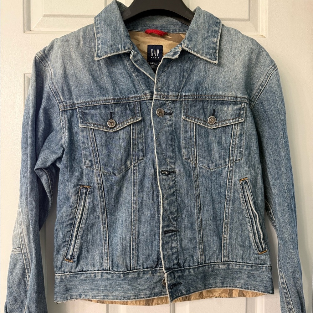 Vintage GAP Kids Light Blue Denim Jacket with neutral Camo lining Sz 14/16 - Picture 2 of 7